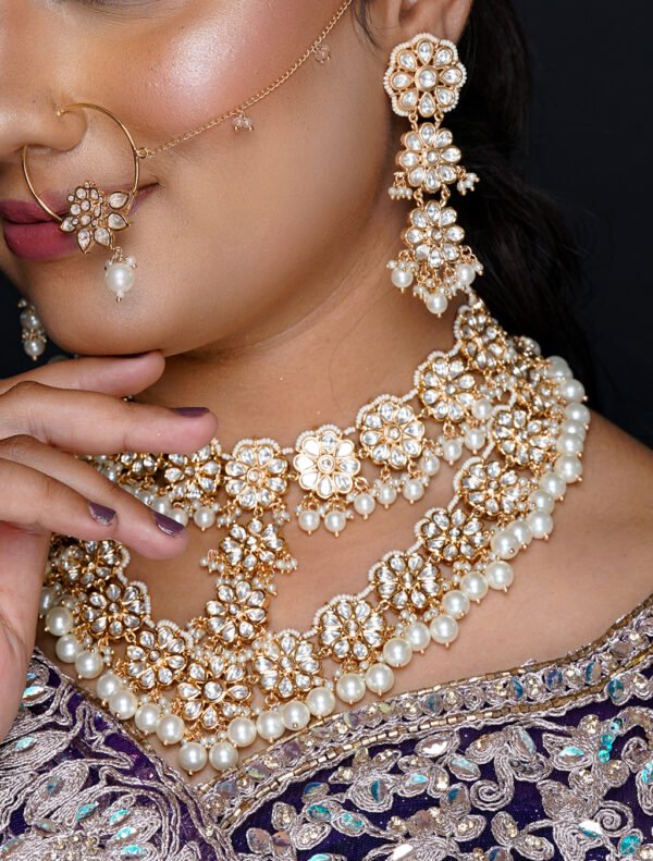 Gold and White Floral Jadau Kundan Pearl Bridal Necklace Set