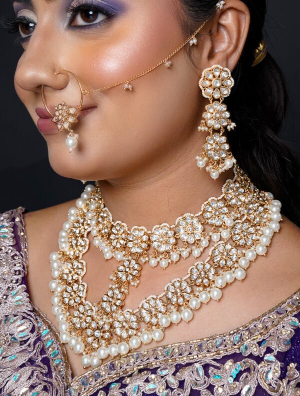 Gold and White Floral Jadau Kundan Pearl Bridal Necklace Set